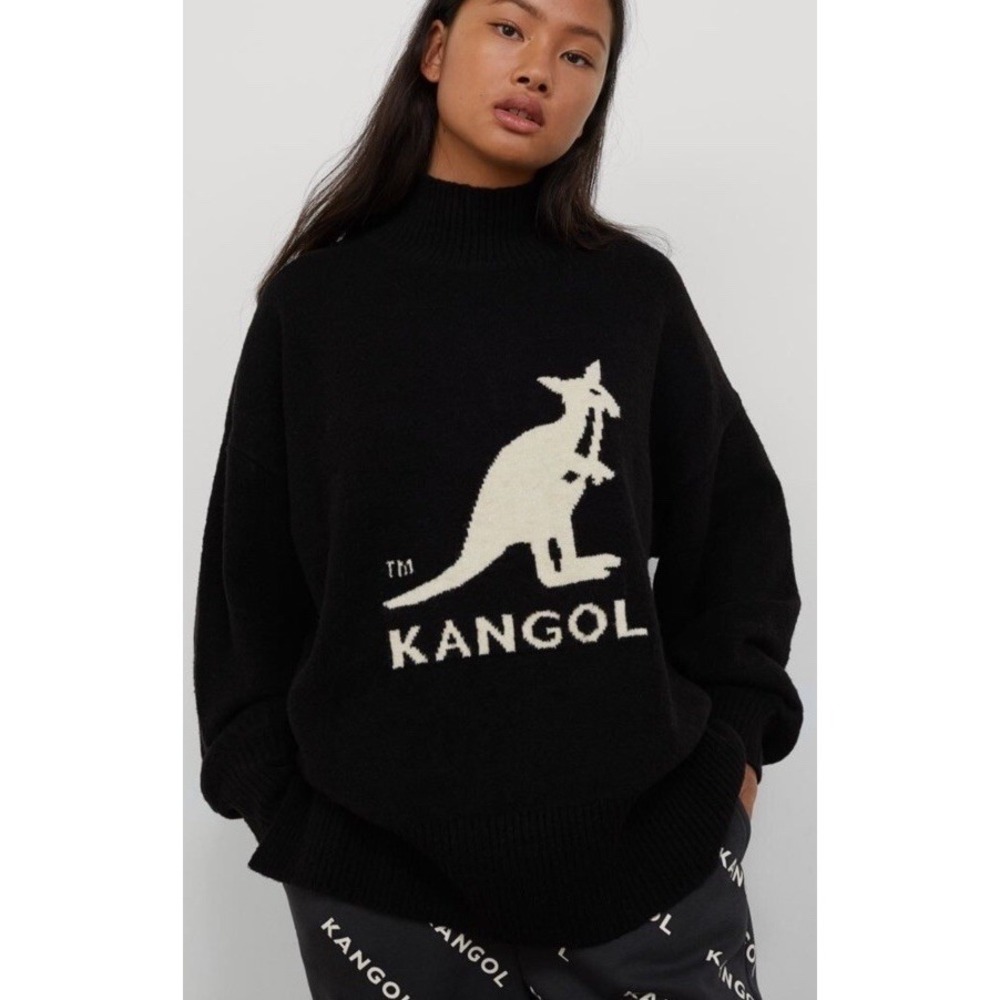 Kangol x H&M black white knit‎ mock neck pullover sweater Size S regular